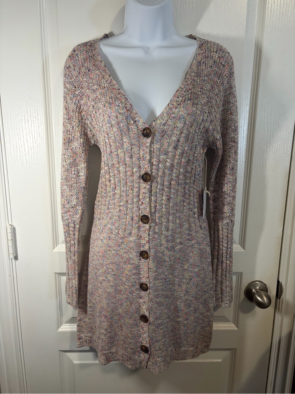 Longline V-Neck Button Cardigan Sweater - Pink Multi